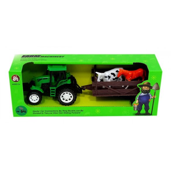 Zöld traktor állatszállító pótkocsival