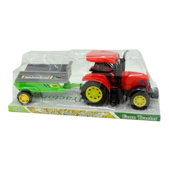 Piros traktor zöld pótkocsival