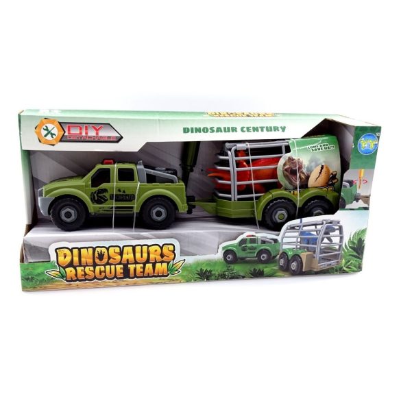 Utánfutós autó + Triceratops - szerelős szett dobozban